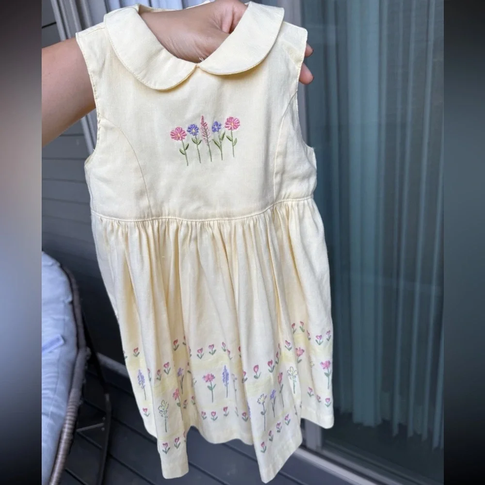 Vintage 1998 Gymboree Toddler‎ Embroidered Floral Yellow Dress Linen Blend Sz 2